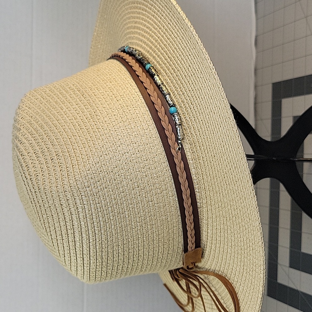 Adjustable Straw Hat Turquoise/Silver Beaded Band… - image 5
